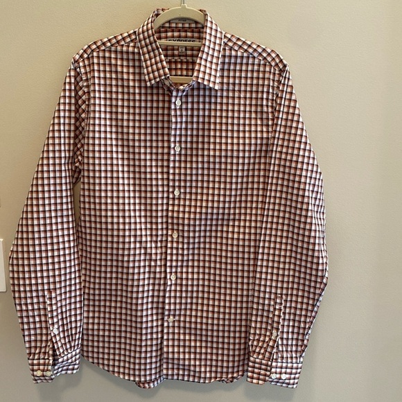 Express Fitted Button Down Dress Shirt Orange Gray White Plaid Size Medium - Picture 3 of 6